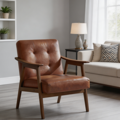 Brown PU Leather Button Tufted Accent Chair