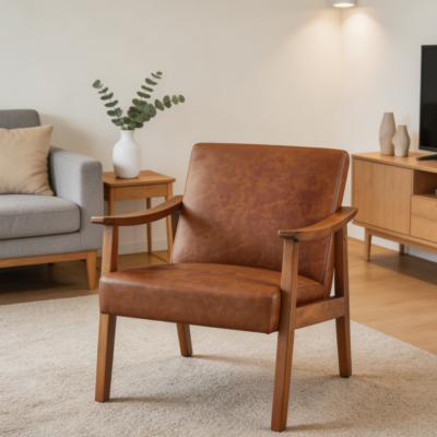 Light Brown PU Leather Mid-Century Accent Chair