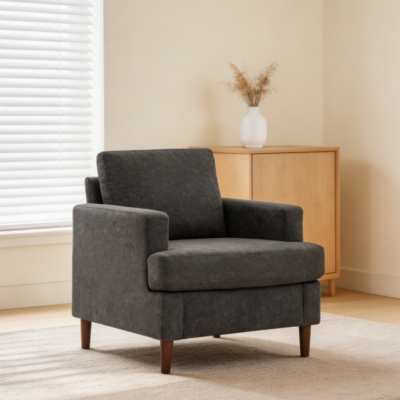 Dark Grey Linen Accent Chair Wood Legs